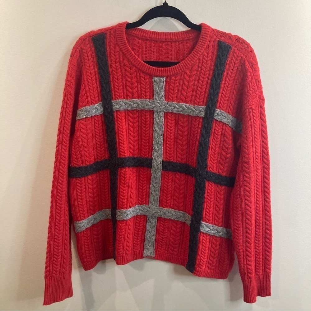 LORD &  TAYLOR Sz L Wool Cashmere Blend Boxy Cable Knit Crew Neck Sweater